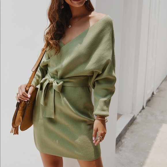 🆕🔥V Neck Tie Belt Sweater Dress Olive - Picture 3 of 7